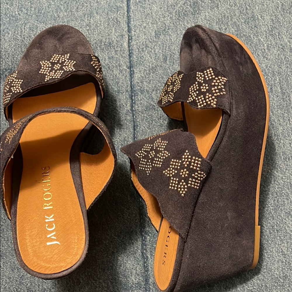 Jack Rogers Blue Wedge Shoes with Embroidery